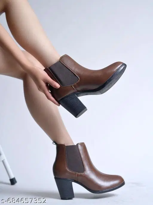Shoetopia Synthetic Block Heeled Boots Brown IND-5