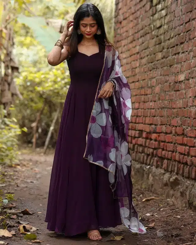 Anarkali Georgette Solid Gown with Dupatta for Women (Purple, XS)