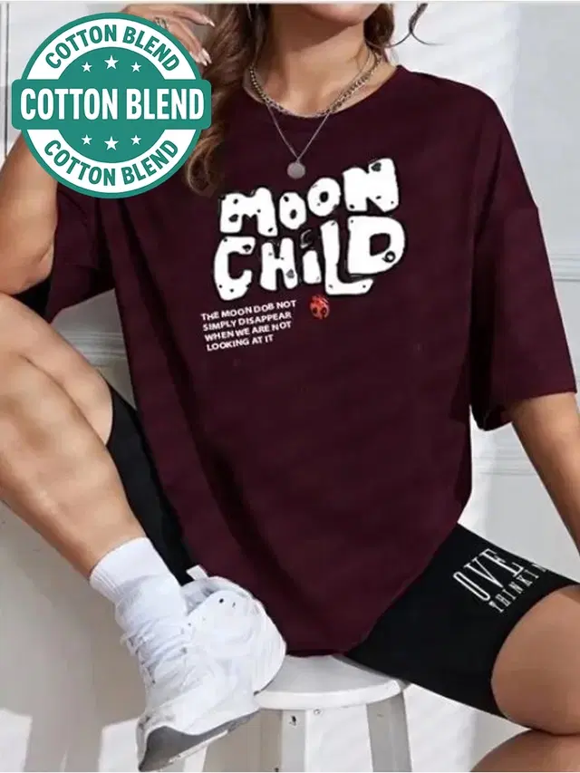 Round Neck Printed T-Shirt for Women, Wine (L)