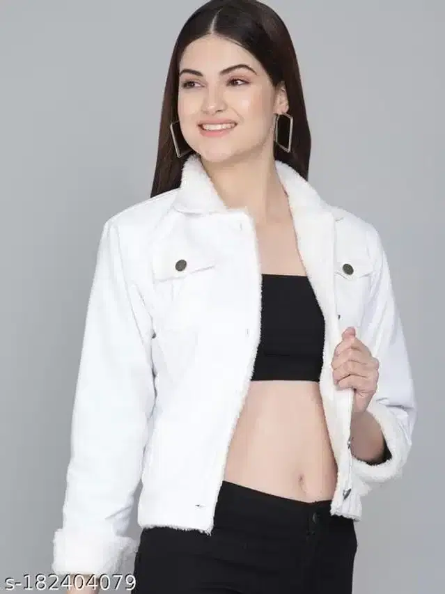 Denim Solid Full Sleeves Jacket for Girls (White, 8-9 Years)