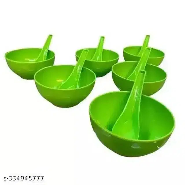 Plastic 6 Pcs Bowls, 250 ml with 6 Pcs Spoons, Green, Set of 2