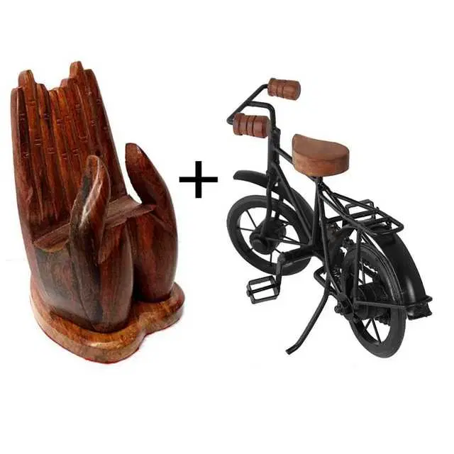 Hand Shap Wooden Mobile Stand With Cycle, Set Of 2, D-17