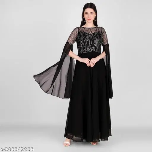 Georgette Embellished Gown for Women (Black, XXL)