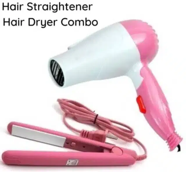 Hair Straightener with Dryer, Set of 2, Pink & White