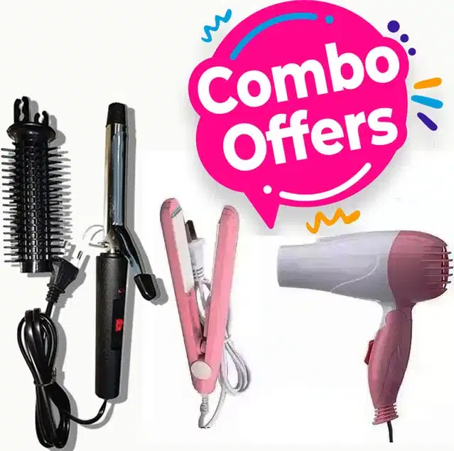 Mini Straightener, Curler & Hair Dryer Combo, Multicolor, Set of 3