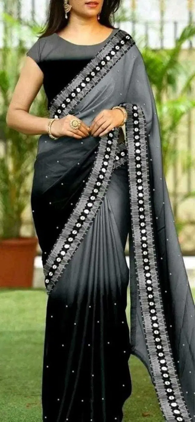 Georgette Solid Saree for Women (Black & Grey, 6.3 m)