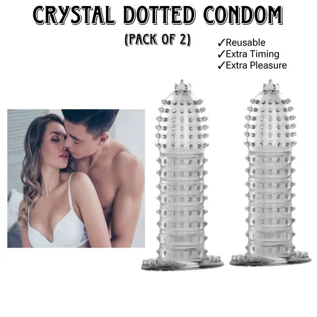 Silicone Stretchable Dotted Condoms for Men, Transparent, Pack of 2