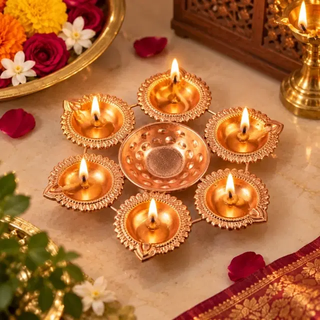 Traditional Metal 5-Diya Decorative Diwali Lamp | Festive Home Decor | 8 Inch