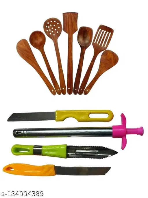 Wooden Kitchen Tools Set, Multicolor, Set of 11