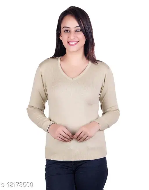 Acrylic Solid Sweater for Women (Beige, M)