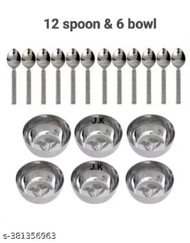 Stainless Steel 6 Pcs Bowls with 12 Pcs Spoons, Silver, Set of 2