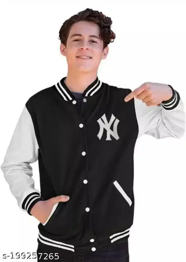 Cotton Blend Colorblocked Full Sleeves Jacket for Boys (White & Black, 9-10 Years)