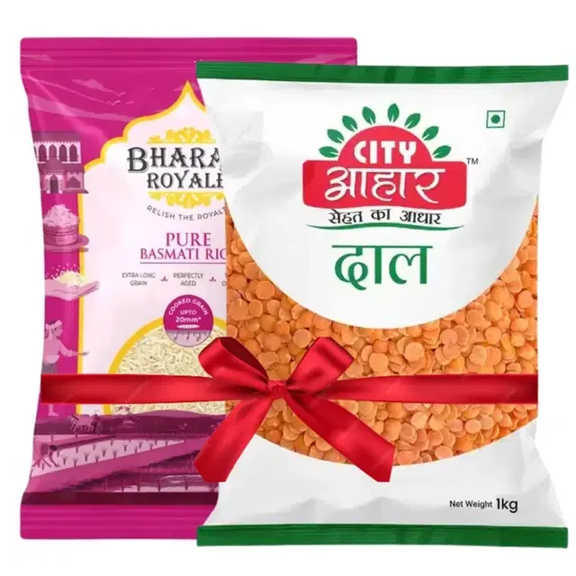 Bharat Royale Pure Basmati Rice 1 kg + City Aahar Masoor Dal 1 Kg