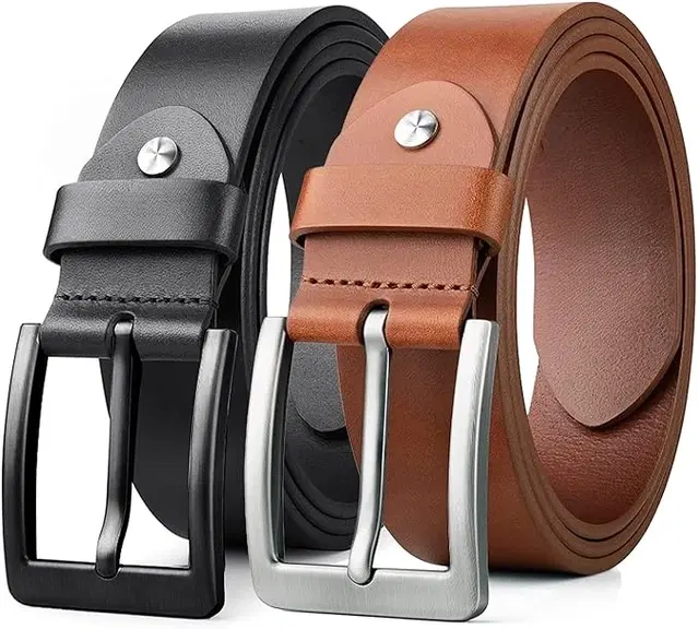 Leather Solid Belts in with Tang Closures for Men, Black & Brown, Pack of 2