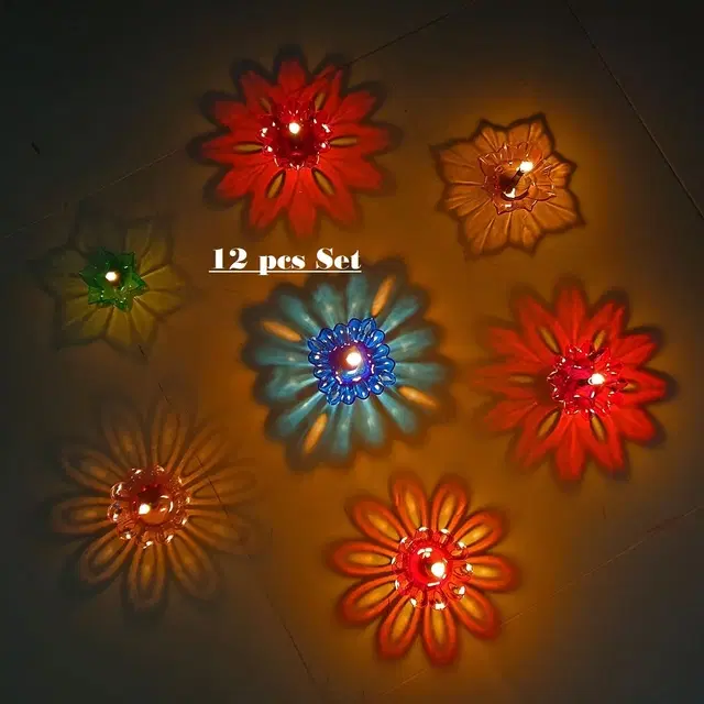 Plastic 3D Shadow Reflection Floating Diwali Diyas, Multicolor, Pack of 12