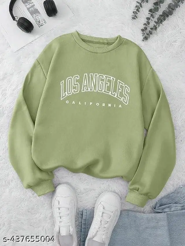 Cotton Blend Printed Sweatshirt for Women (Olive, M)