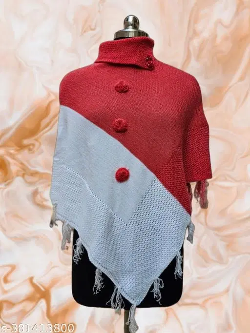 Woolen Poncho for Women (Red & White, Free Size)