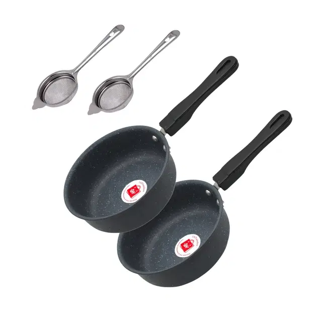 Non Stick Metal 2 Pcs Saucepan with 2 Pcs Tea Strainer, Set of 4, Grey & Black