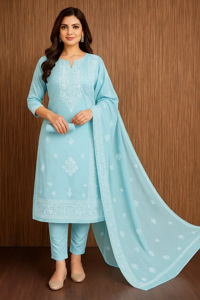 Organza Embroidered Unstitched Suit with Dupatta for Women, Blue