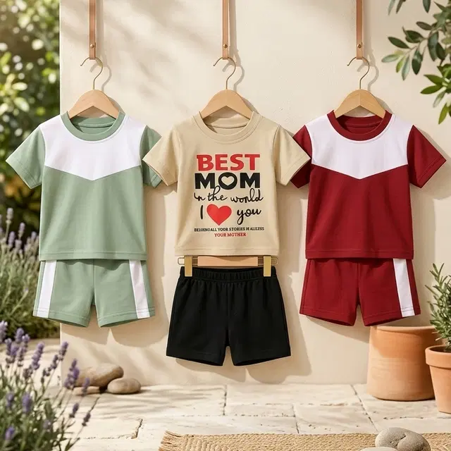Solid Cotton Blend Top & Bottom Set for Boys (Multicolor, 1-2 YR)