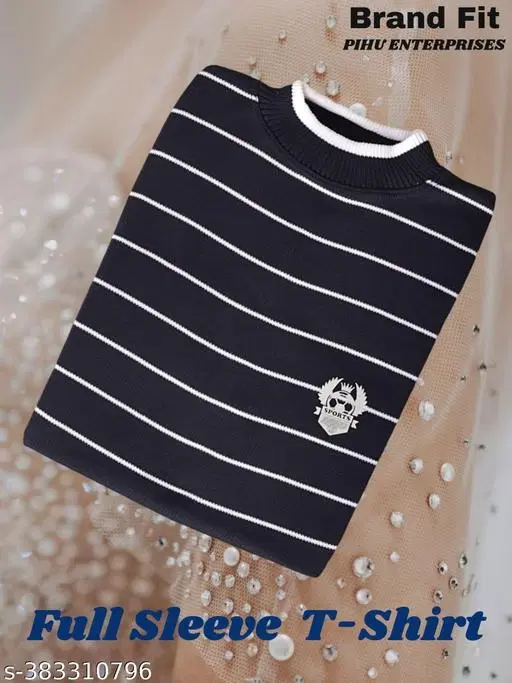 Acrylic Striped Sweater for Men (Navy Blue, L)