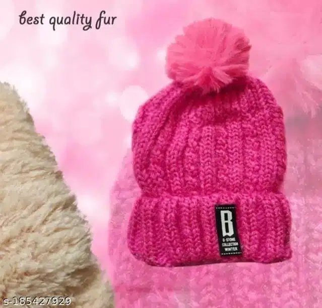Woolen Winter Beanie Cap for Women (Pink, Free Size)