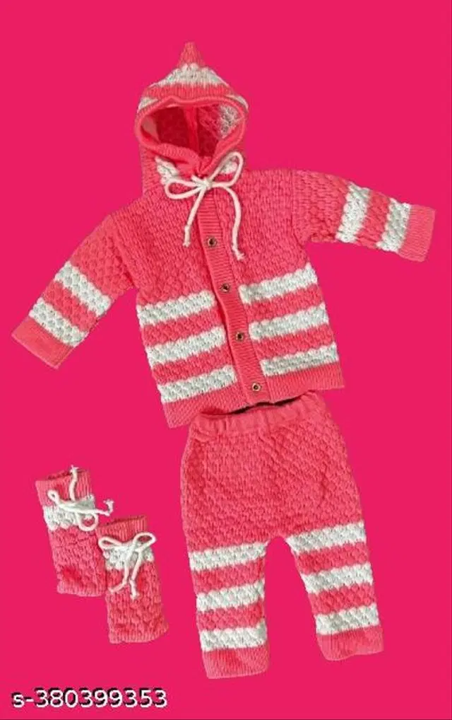Woolen Clothing Set for Boys (0-3 Months, Pink & White)