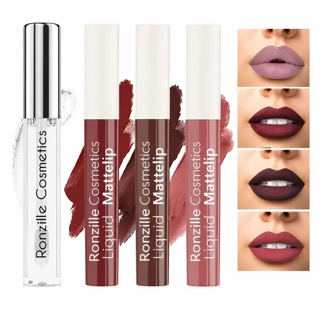 Ronzille Matte Liquid Lipstick with Lip Gloss, Nude Edition [Pack of 4]