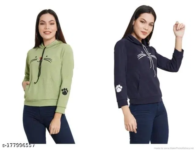 Polyester Hoodie for Women, Pack of 2 (Green & Black, S)