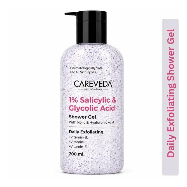 CareVeda 1% Salicylic & Glycolic Acid Shower Gel With Kojic Acid & Niacinamide (Sali-cinamide) | Targets Body Acne, Skin Bumps & Dark Spots | Brightening & Hydrating Body Wash For All Skin Types 200 ml
