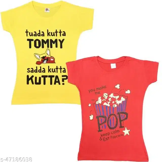 Cotton Half Sleeves T-Shirt for Girls, Pack of 2 (Yellow & Red, 6-7 Years)
