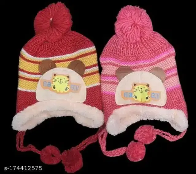 Woolen Winter Cap for Kids, Pack of 2 (Multicolor, 3-4 Years)
