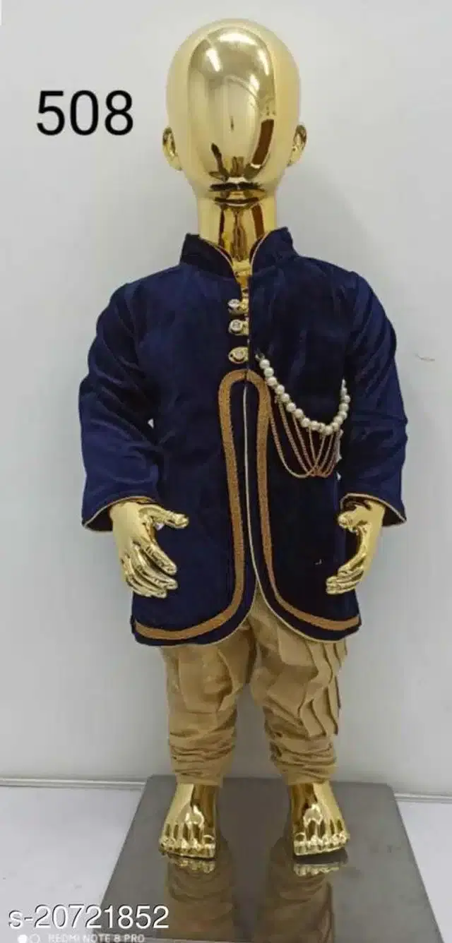 Cotton Full Sleeves Sherwani with Pyjama Set for Boys (Navy Blue & Beige, 6-9 Months)