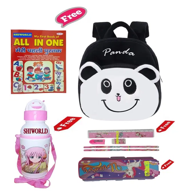 Combo of Kids Cartoon Bag Backpack, All In One Book, Water Bottle & Gift Set Geometry Set, Multicolor, Set of 1