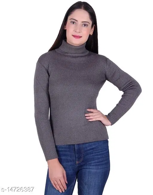 Hi-Neck Sweater for Women (Grey, M)