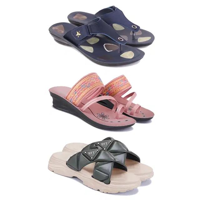 Combo of Slippers with Heels & Sliders for Women, Set of 3 (Multicolor, 5)