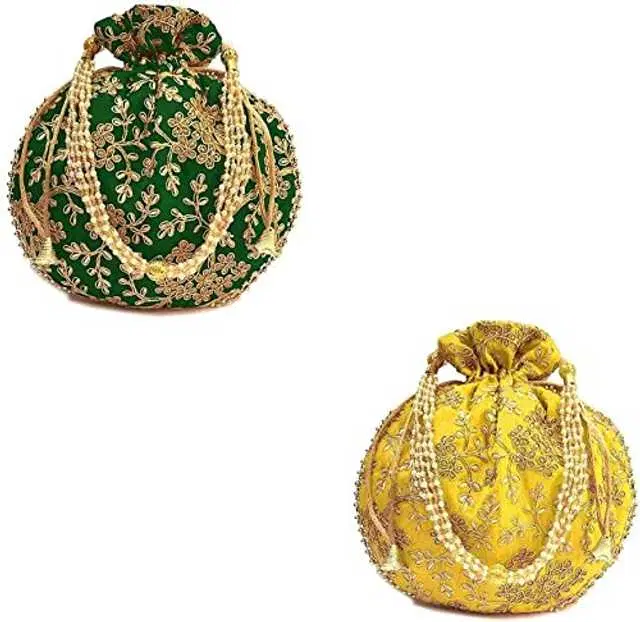 Cotton Silk Ethnic & Traditional Handheld Potli for Women, Green & Yellow, Pack of 2, A-08