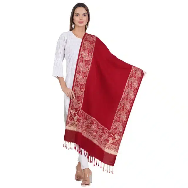 Soft viscose wool Embroidered Shawl for Women (Maroon, 28x80 inches)