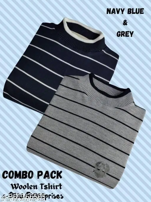 Woolen Striped Sweater for Men, Pack of 2 (Navy Blue & Grey, M)