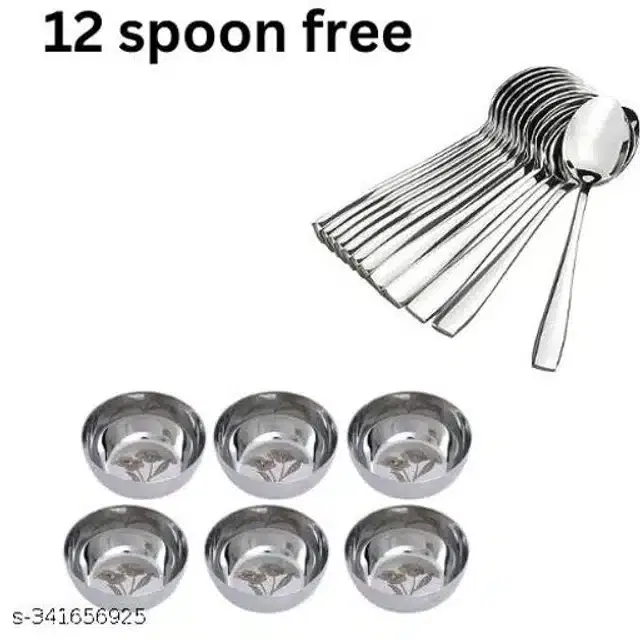 Stainless Steel 6 Pcs Bowls with 12 Pcs Spoon, Silver, Set of 2