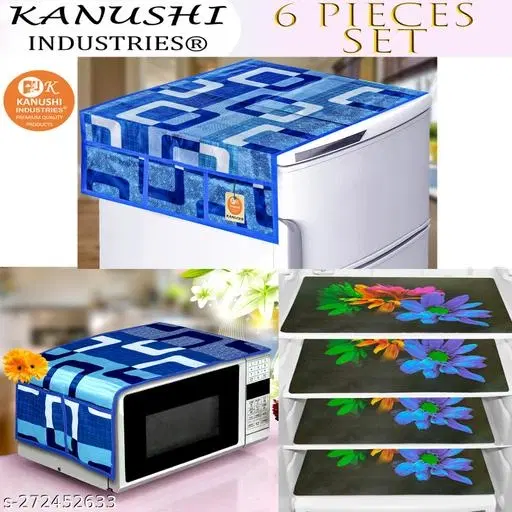 KANUSHI Industries® 1 Pc Microwave/Oven Top Cover + 1 Pc Fridge/Refrigerator Top Cover + 4 Fridge Mate (Color-Blue) (Micro+FRI-Blue-Box+M-24-04)
