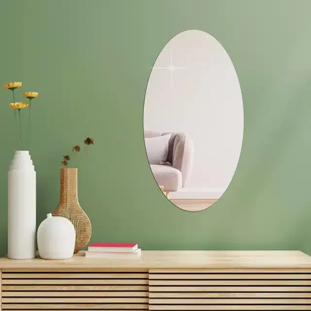 Acrylic Oval Shaped Wall Mirror Stickers, Silver, 20x30 cm