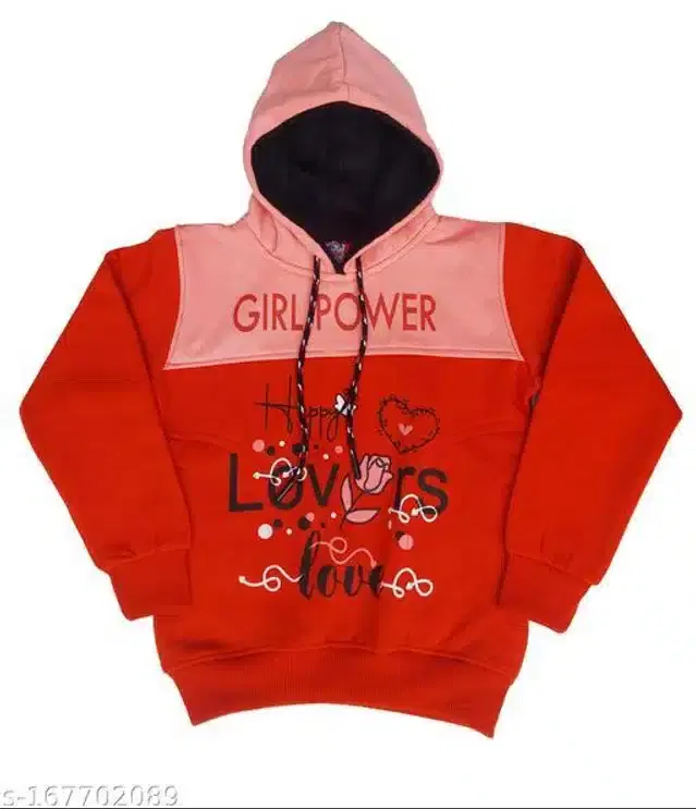 Fleece Printed Full Sleeves Hooded Sweatshirt for Girls (Red, 5-6 Years)