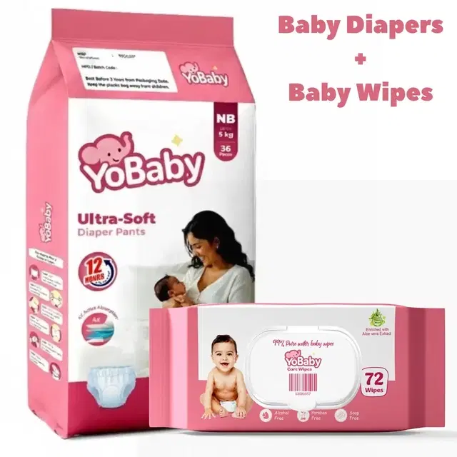 YoBaby Diaper Pants NB (NewBorn) - 36 Pcs + YoBaby Baby Wipes With Lid - 72 Wipes