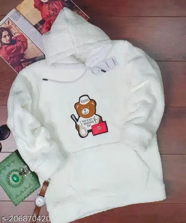 Woolen Full Sleeves Hooded Sweatshirt for Women (White, M)