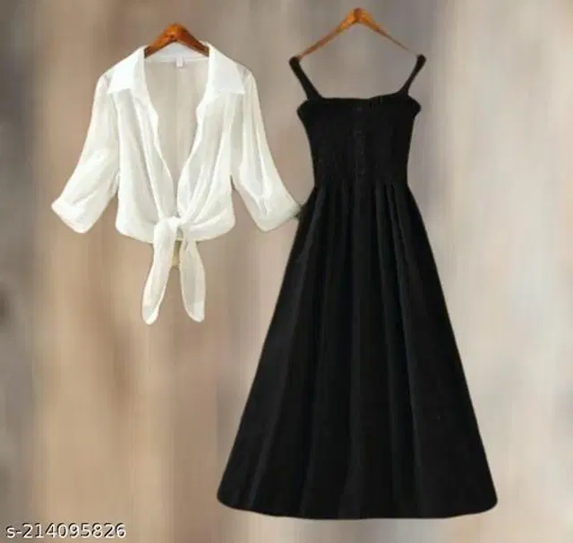 Poly Crepe Dress for Women (Black & White, XL)