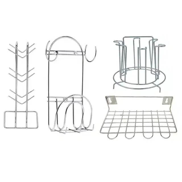 Stainless Steel Cup Stand & Glass Holder with Chakla Belan Stand & Utensil Holder, Set of 4, Silver