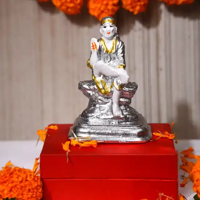Sai Baba Idol, Silver & White, 4 inches