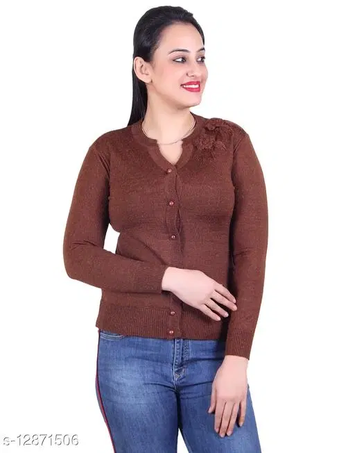 Acrylic Solid Sweater for Women (Brown, L)