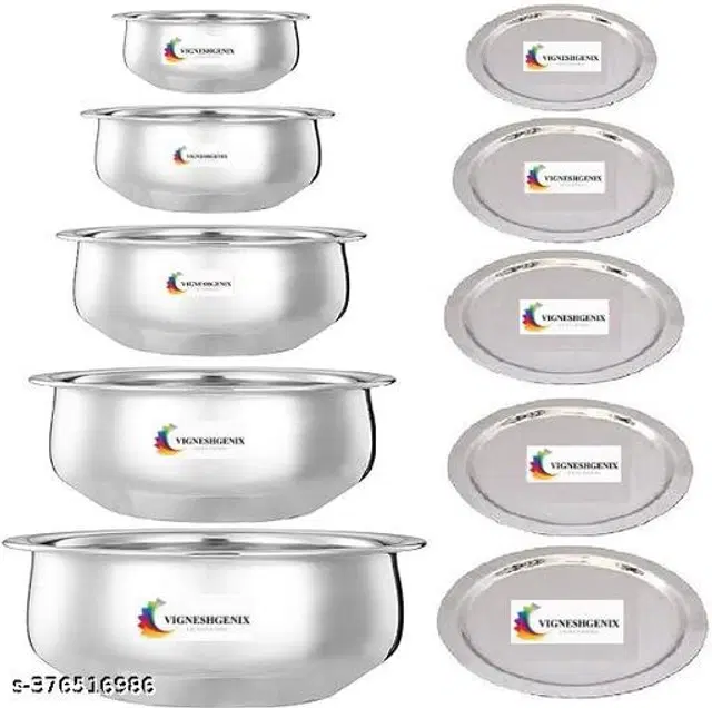 Stainless Steel Copper Bottom Handi Pot Set with Lid, Silver, Set of 5